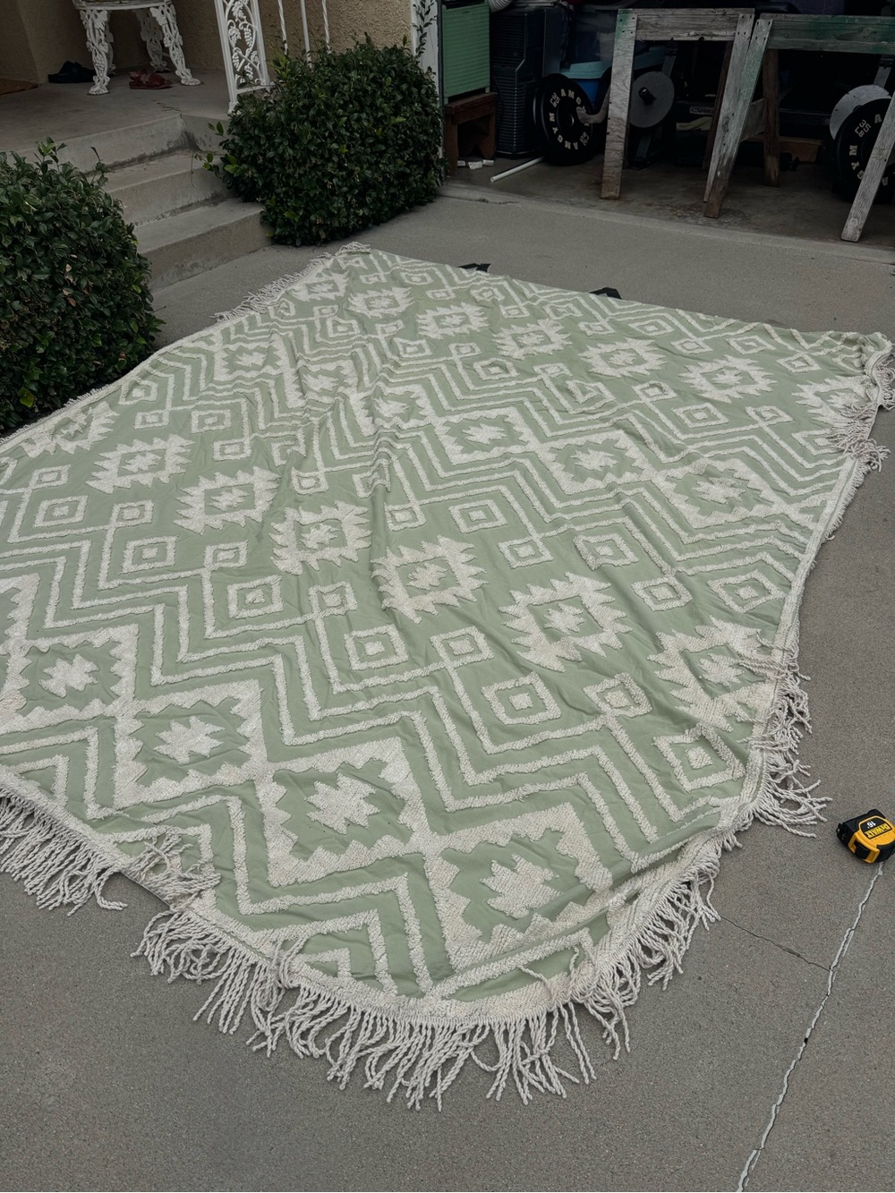 Sage Green Aztec print with fringe blanket or tapestry 7’x10’